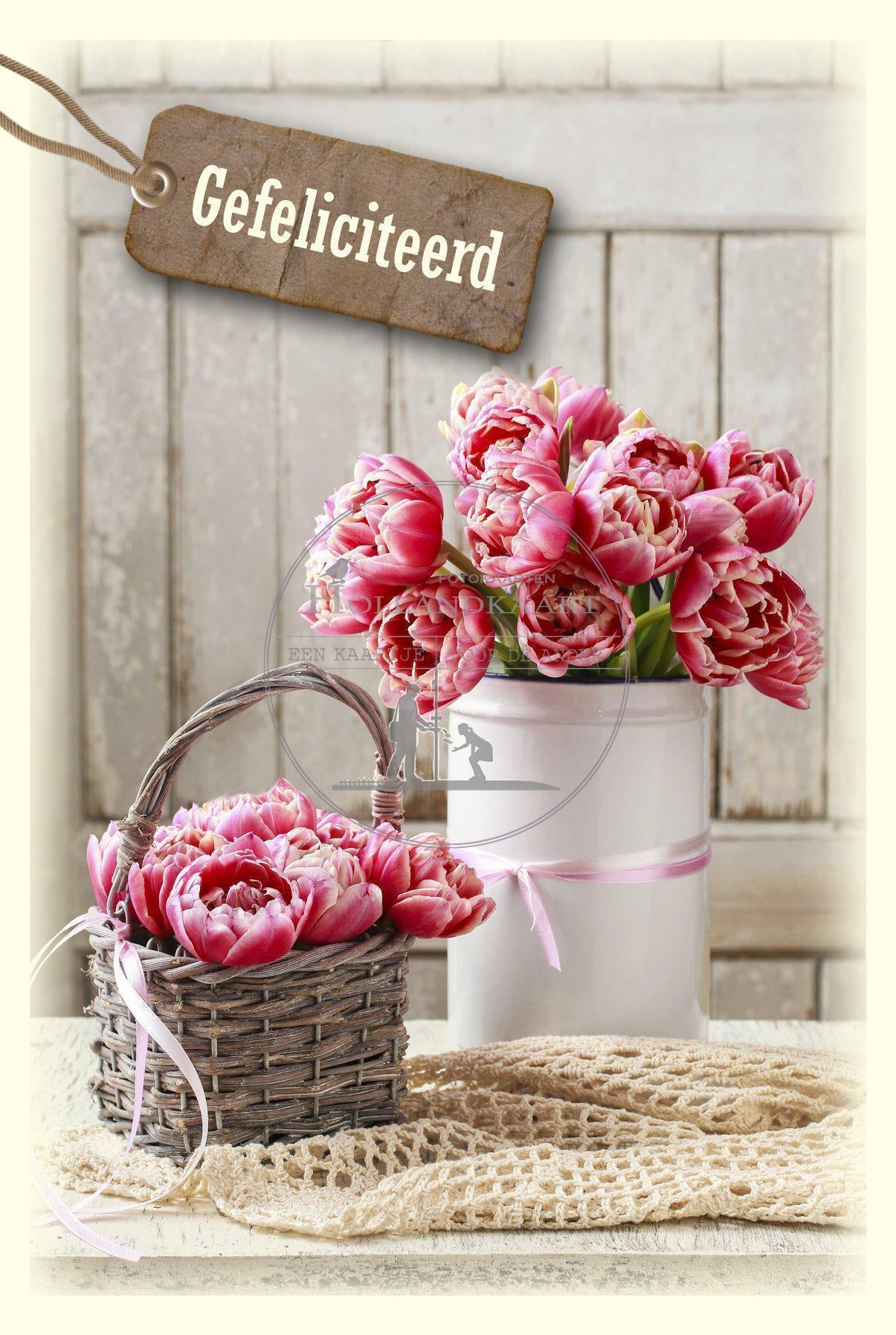 Wenskaart fleurig met hard roze bloemen