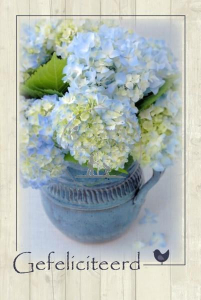 wenskaart - bloemen in kruik blauw
