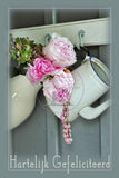 Wenskaart - roze bloemen in witte vaasjes